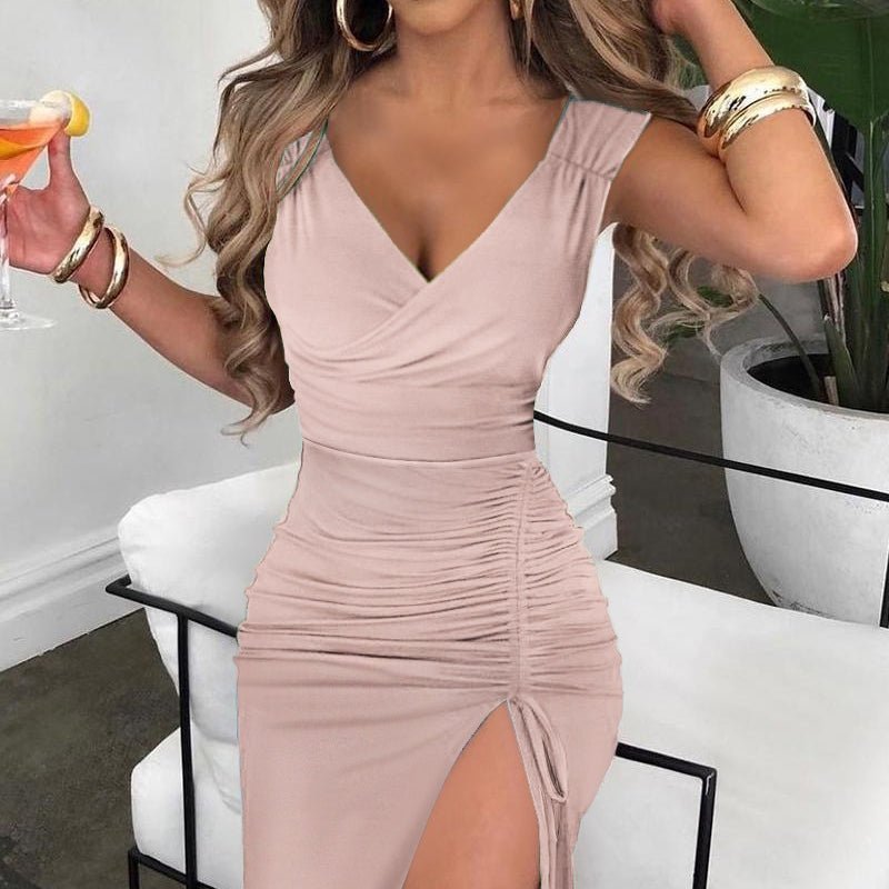 Shoulder Pleated V-neck Cinched Drawstring Party Dress Flattering V-neck party dress designed to enhance your silhouette