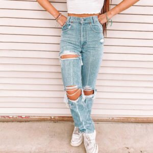 high waisted light blue ripped jeans for women