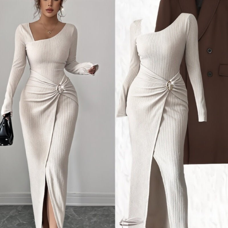 white long sleeve knit bodycon dress with side slit for women
