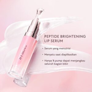 Peptide brightening lip serum in a pink bottle for lip hydration and shine