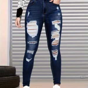 high waisted ripped skinny jeans for women, dark blue denim pants