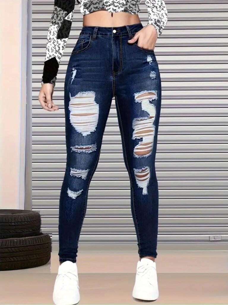 high waisted ripped skinny jeans for women, dark blue denim pants