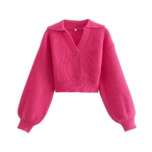 women's pink cropped knit sweater with v-neck collar