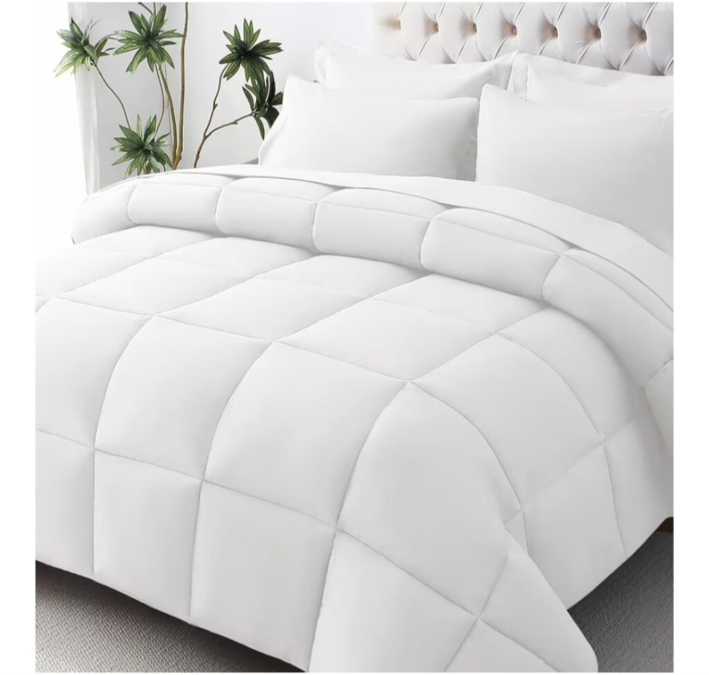 white quilted comforter set on bed, soft bedding for modern bedroom