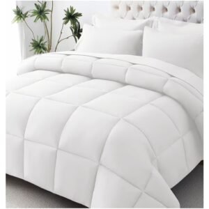 white quilted comforter set on bed, soft bedding for modern bedroom