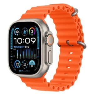 Apple Watch Ultra with orange sport band and digital display