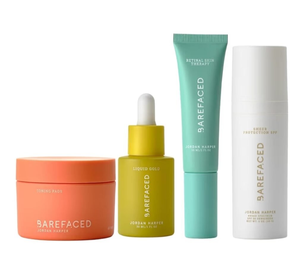Barefaced skincare set with toner pads, liquid gold serum, retinal skin therapy and SPF sunscreen