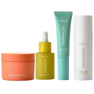 Barefaced skincare set with toner pads, liquid gold serum, retinal skin therapy and SPF sunscreen