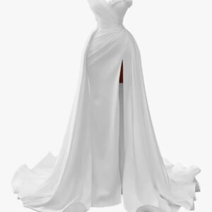 White wedding dress with flowing chiffon skirt and elegant train