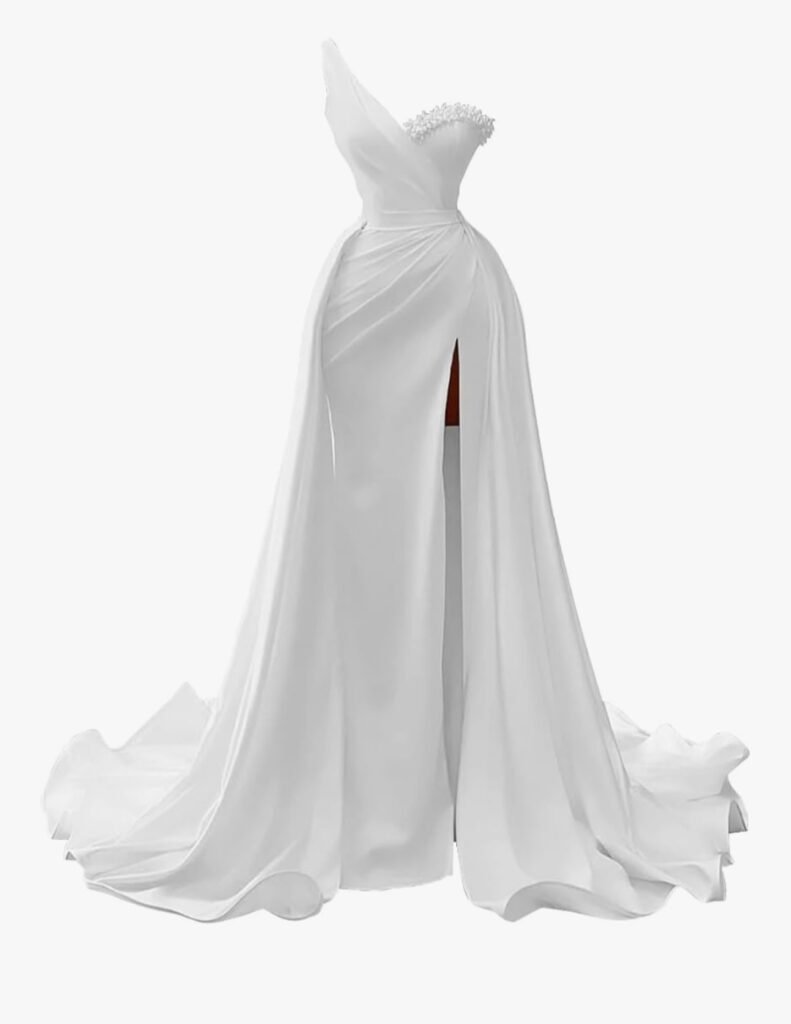 White wedding dress with flowing chiffon skirt and elegant train