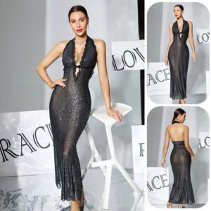 black sequin halter neck bodycon dress for women