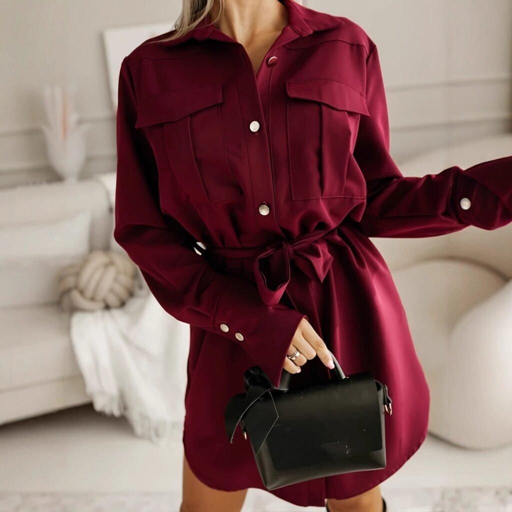 solid color button up shirt dress for women