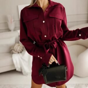 solid color button up shirt dress for women