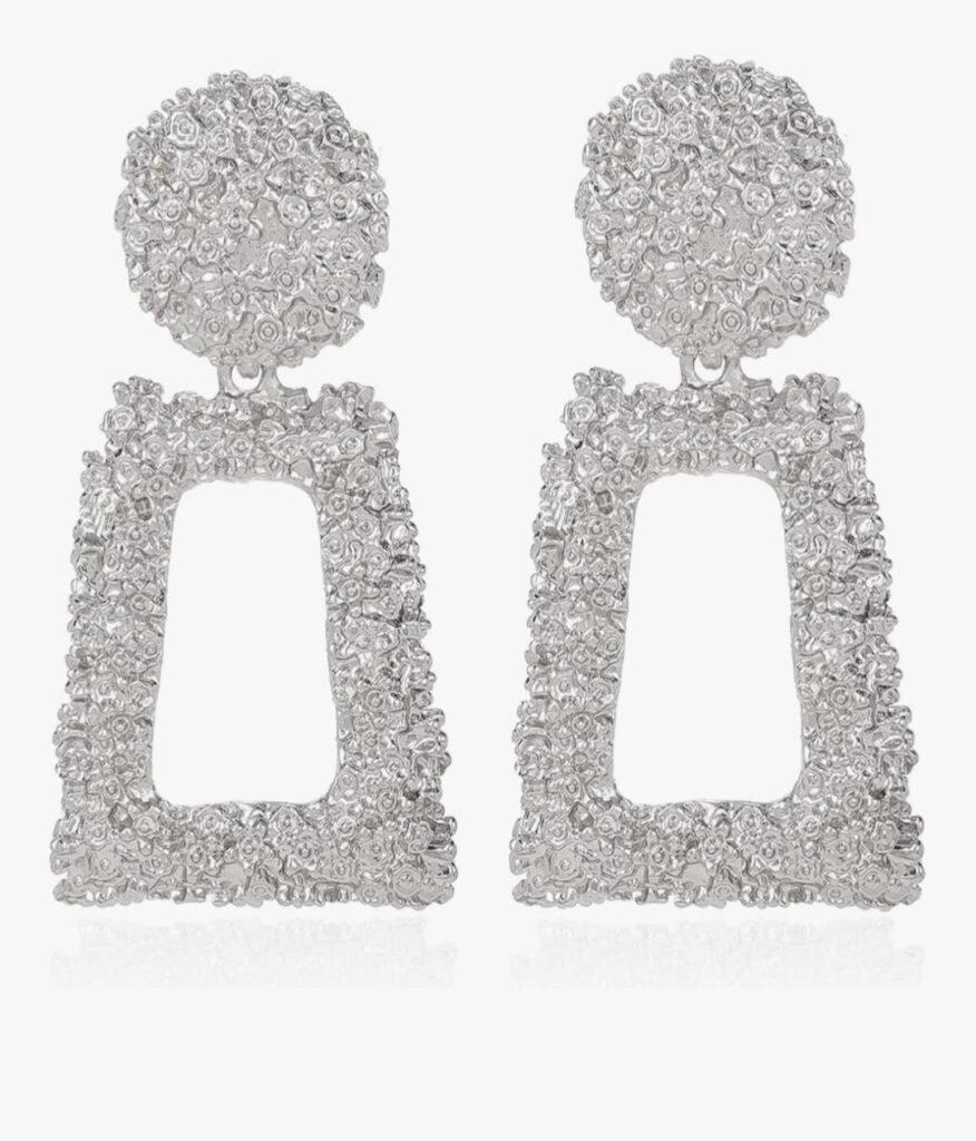 Atimigo silver crystal statement drop earrings, large geometric rectangle dangle earrings for women, elegant party jewelry