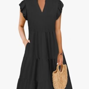 Black midi summer dress for women with ruffled sleeves, elegant casual spring outfit