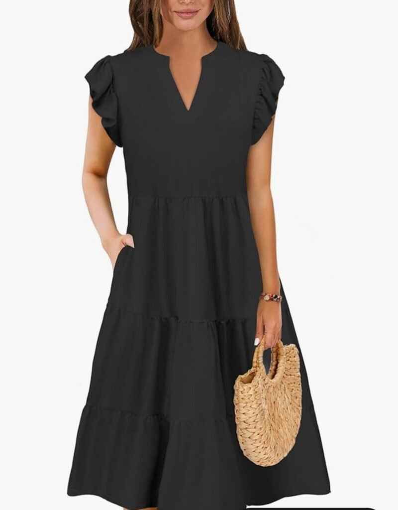 Black midi summer dress for women with ruffled sleeves, elegant casual spring outfit