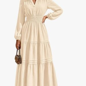prettygarden women's 2026 elegant maxi dresses long sleeve v neck flowy pockets casual modest dress fall fashion clothes