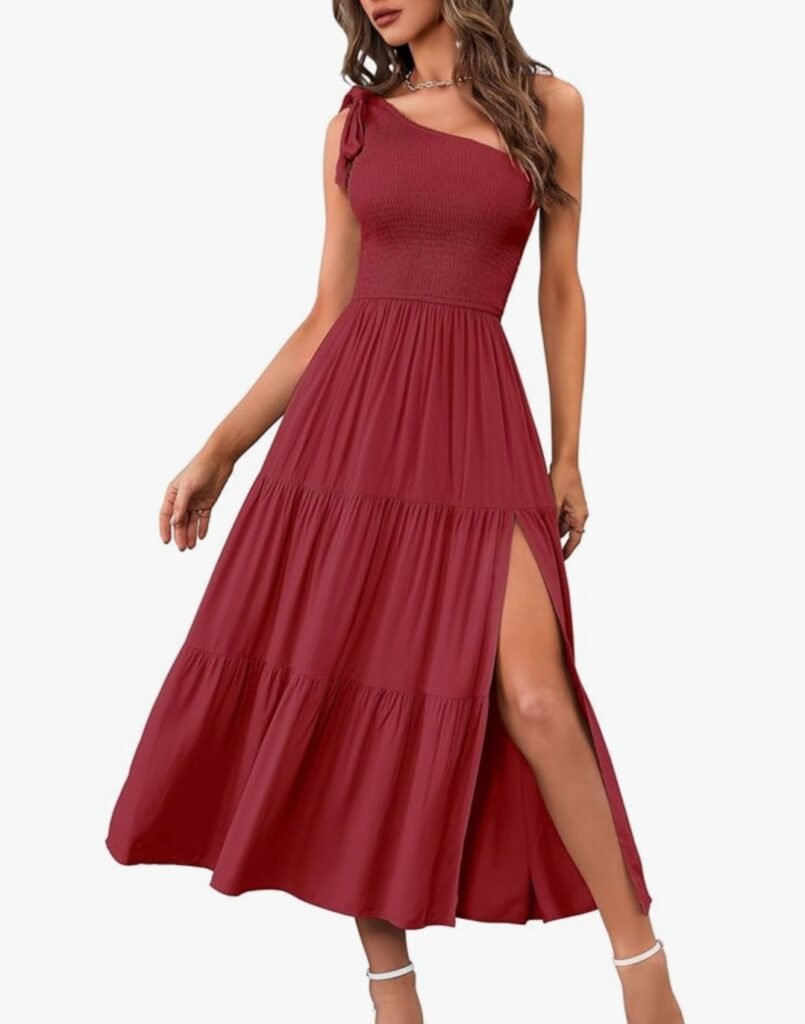 merokeety women's 2026 summer sleeveless midi dress one shoulder knot smocked split formal cocktail wedding guest dresses