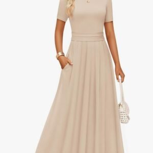 zesica women's summer short sleeve maxi dress 2026 casual crewneck pleated a line flowy long dresses with pockets