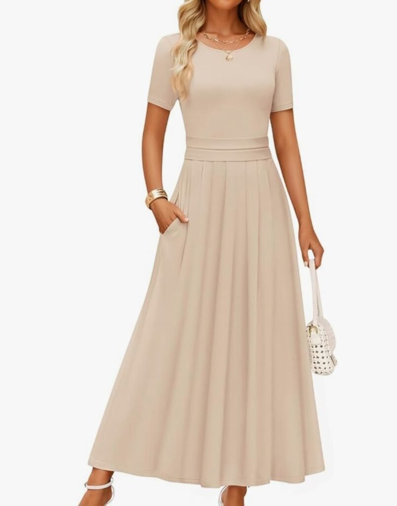 zesica women's summer short sleeve maxi dress 2026 casual crewneck pleated a line flowy long dresses with pockets