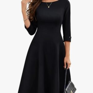 homrain women's fit and flare midi dress 3/4 sleeve modest church dress classy causal work dresses with pockets