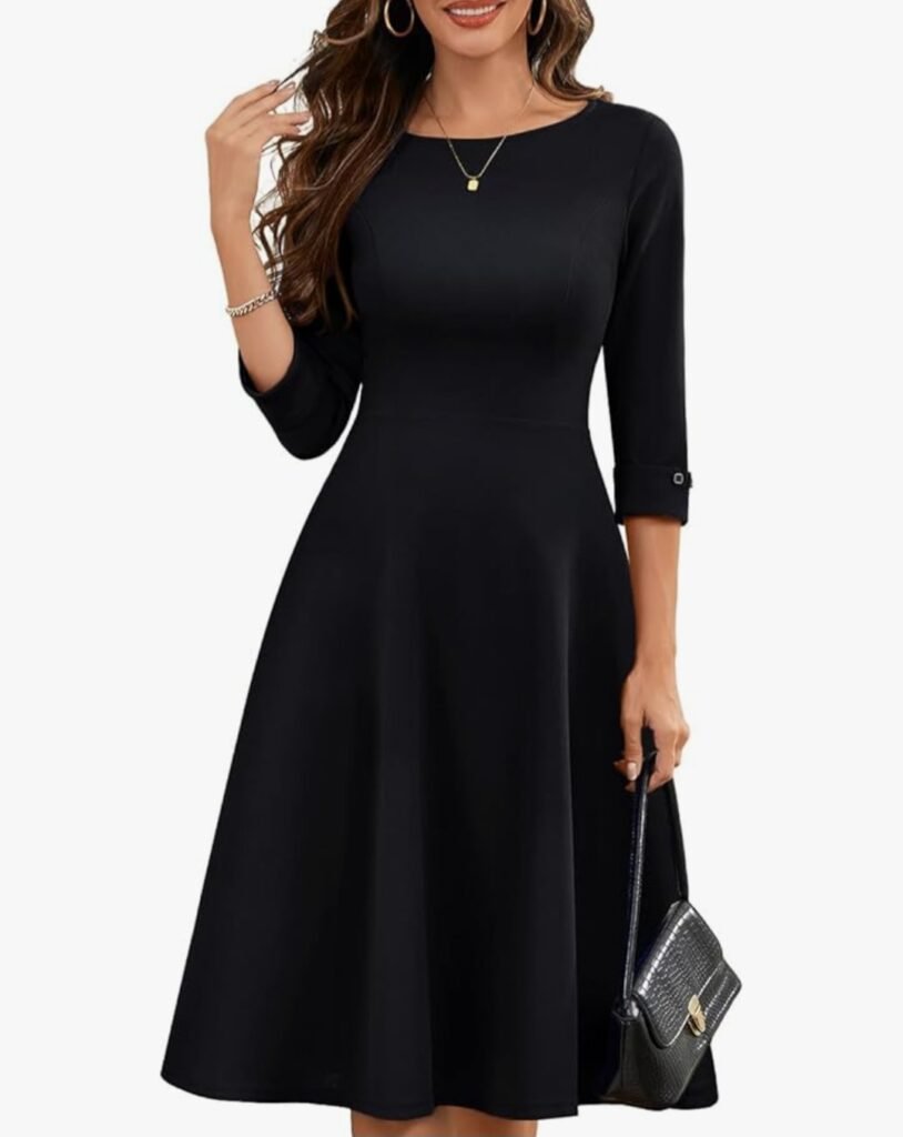 homrain women's fit and flare midi dress 3/4 sleeve modest church dress classy causal work dresses with pockets