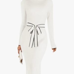 merokeety women's 2026 long sleeve midi sweater dress fall winter spring mock neck contrast tie waist bodycon knit dresses