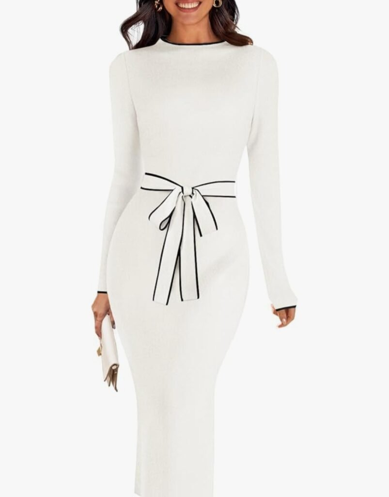 merokeety women's 2026 long sleeve midi sweater dress fall winter spring mock neck contrast tie waist bodycon knit dresses